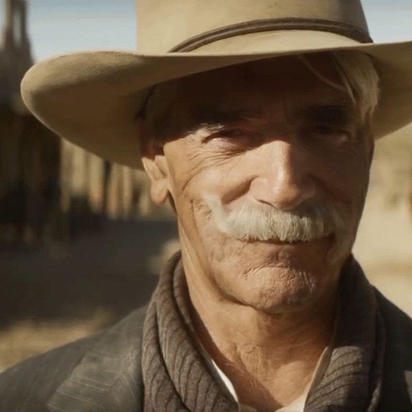 A screengrab from the Doritos commercial of Sam Elliott in a cowboy hat and a dancing mustache