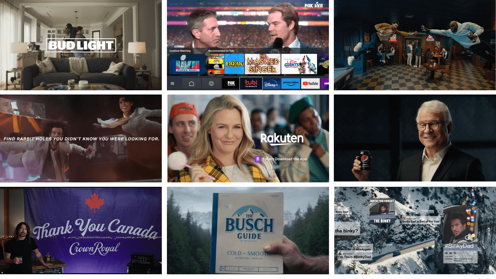 A collage of images of scenes in the super bowl commercials produced by alumni