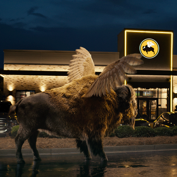 A screenshot of the TV with the winged buffalo outside of a Buffalo Wild Wings