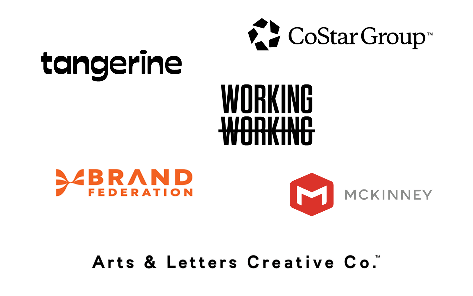 2024 Recruiter Session Sponsors, logos of Arts & Letters and Working Not Working, McKinney, Brand Federation, Tangerine, CoStar