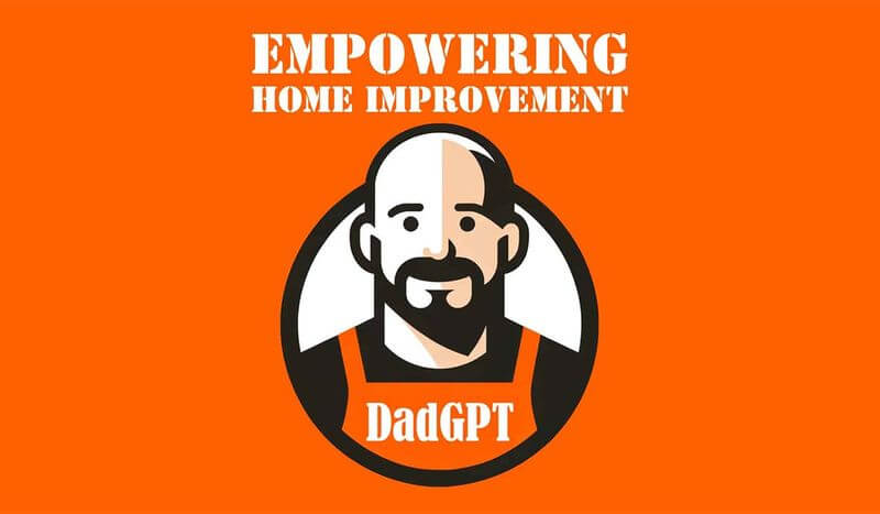 graphic with orange background, a graphic of a dad looking figure in a home dept apron that says Dad G P T and text that says empowering home improvement in home depot branded typeface