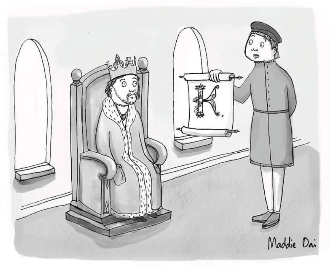 image of a cartoon with man in a throne wearing a robe and crown and another person holding up a flag with the letter k