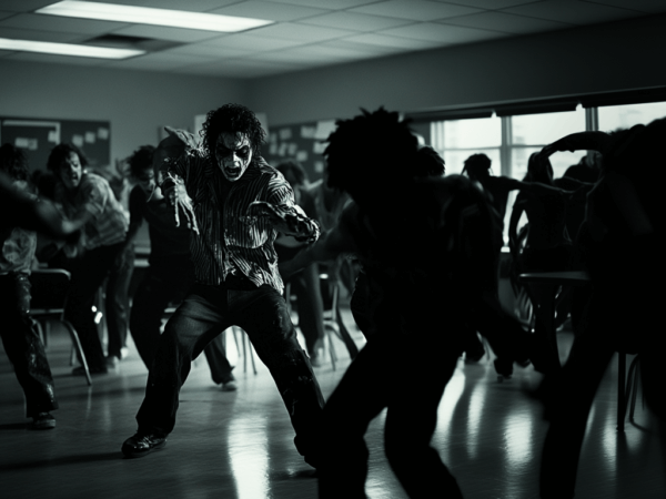 black and white image of zombie like creatures in a classroom. image generated with midjourney.