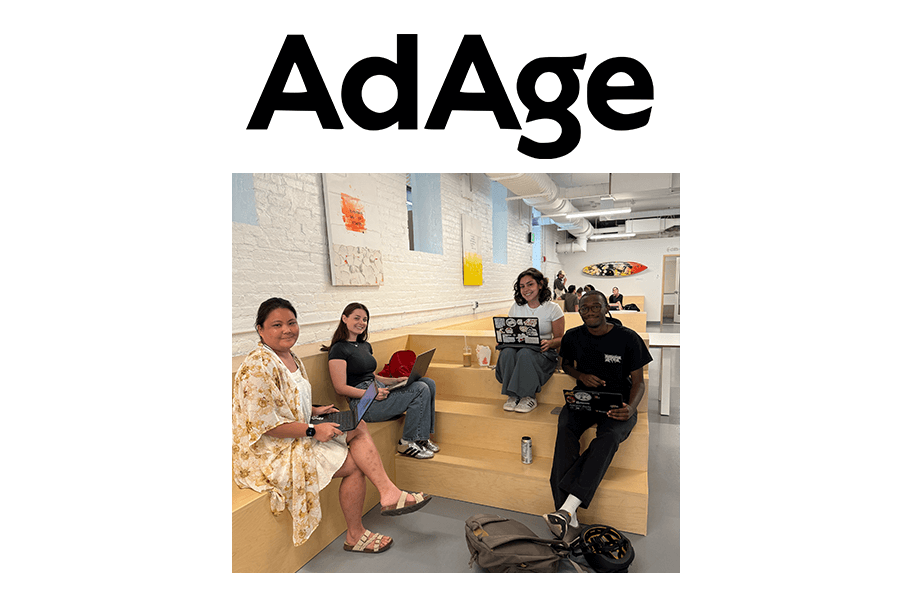 ad age logo and photo of brandcenter students in basement